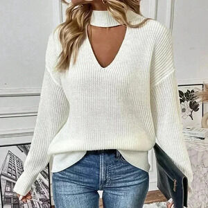 White Casual Women's Choker Neck Drop Shoulder Sweater
